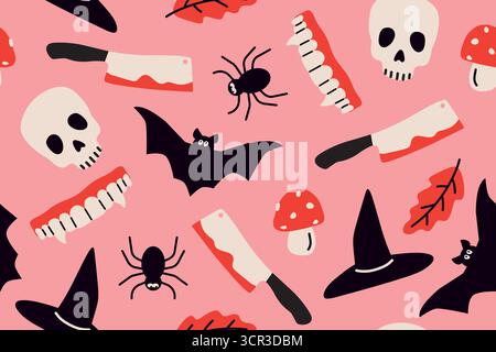 seamless Halloween pattern with vampire teeth, toadstool, skull, spider, butcher knife, witch hat, autumn leaf; perfect for wrapping, greeting cards, Stock Vector