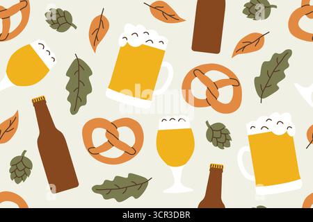 seamless pattern with beer mugs, hop cones, pretzels, and autumn leaves; beer festival concept, perfect for wrapping paper, textiles, greeting cards, Stock Vector