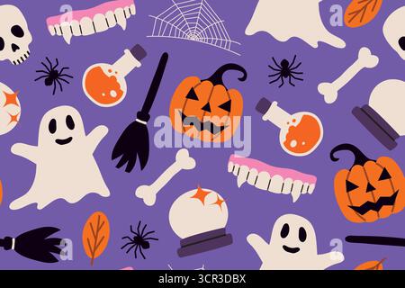 seamless Halloween pattern with Jack o lantern, vampire teeth, ghost, skull, bone, broom, spider, spiderweb, potion, crystal ball, autumn leaf; perfec Stock Vector