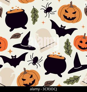 seamless Halloween pattern with pumpkins, Jack o lantern, bats, spiders, witch hat, cauldron, autumn leaves; perfect for wrapping, greeting cards, dec Stock Vector