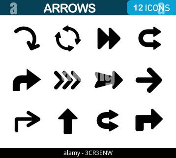Navigation Arrows Icon Vector Set – Curved, Straight, and Double Arrows Icons for Navigation, Maps, and Interface Design Stock Vector