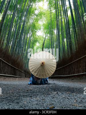 Asian woman with blue dress, holding a traditional asian umbrella in a bamboo forest Stock Photo