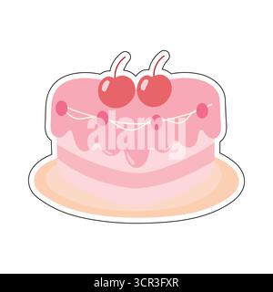 Glossy pink cake with dripping icing and cherries. Perfect for celebration graphics bakery menus sweet-themed cards and festive food illustrations Stock Vector