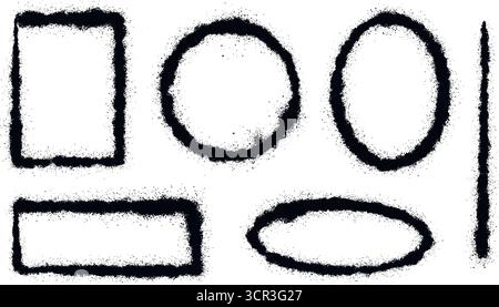Grunge ink spray frame set. Round, square, rectangular, and oval shapes. Splattered, sloppy outline border in graffiti style, vector elements. Stock Vector
