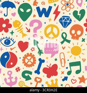 Doodle symbol mashup seamless pattern. Vector illustration flat design background. Stock Vector