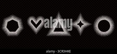 Graffiti spray paint geometric shapes frames set. Grainy noise textured white sugar y2k borders elements. Triangle, rectangle, star and circle dotwork Stock Vector