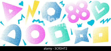 Set of grainy gradation figures. Noise gradient geometric shapes background composition. Geometry dotwork transition forms. Vector gritty stickers on Stock Vector