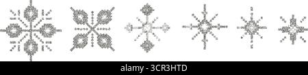Halftone snowflakes icons set. Snow vintage stipple gradient elements. Winter retro figures with fading gradation. Christmas or New Year festive vecto Stock Vector