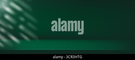 Studio dark green background with step and windows sunlight. Deep neutral warm wall product room. Minimal malachite table scene. Empty desk for cosmet Stock Vector