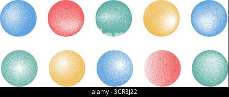 Noise vibrant gradient round element set. Speckle dotwork radial gradation circles collection. Vector red, blue text boxes shapes of dots grain textur Stock Vector