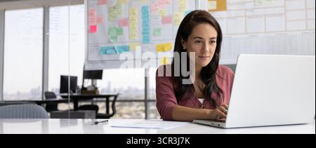 Professional woman working on laptop in office, horizontal view photography Stock Photo