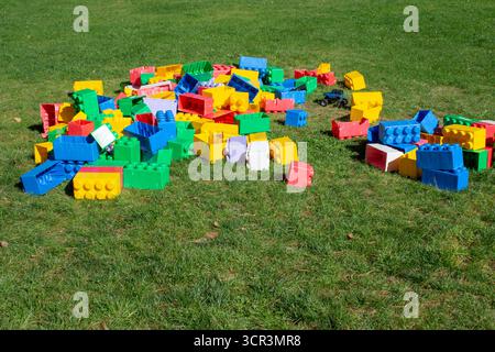 Plastic building blocks of various colors and shapes lie on the green lawn. An educational game for a child. Building blocks toy. Stock Photo