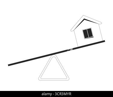 Small house placed on seesaw balance 2D line object Stock Vector