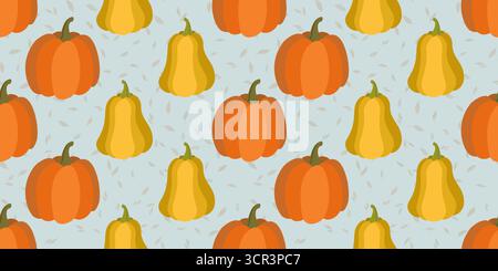 Autumn seamless pattern of orange yellow pumpkins. Repeating plant ornament. Holiday mosaic of bright pumpkins on gray background. Decor for Thanksgiv Stock Vector
