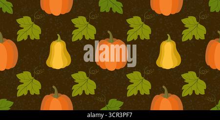 Autumn seamless pattern of orange yellow pumpkins and green leaves. Holiday mosaic of bright pumpkins on dark brown background. Decor for Thanksgiving Stock Vector