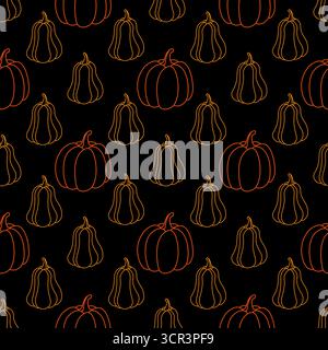 Autumn seamless pattern of orange pumpkins. Holiday decor of bright pumpkins silhouettes on black background. Happy Thanksgiving and Halloween vector Stock Vector