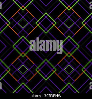 Halloween colors geometry seamless pattern. Orang purple green repeating ornament. Holiday mosaic of neon bright squares on black background. Decor fo Stock Vector