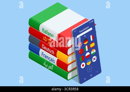 Isometric illustration of language translation app with stacked books and smartphone. Concept of online learning, foreign language study, and AI Stock Vector