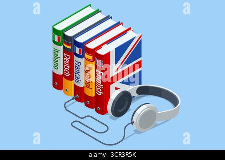 Isometric illustration of language books with headphones. Concept of audio course, online learning, foreign language study, and AI assistant for Stock Vector