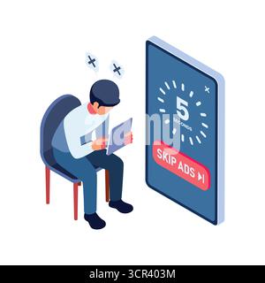 Isometric Frustrated User Waiting to Skip Online Advertisement on Smartphone. Skip the Ads and Impatience Economy Concept Stock Vector