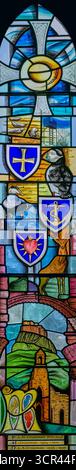 The commemorative 'Crossman' window by Simon Harvey (2013), St Mary's Church, Holy Island, Northumberland Stock Photo