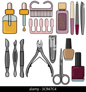 A comprehensive vector collection of manicure and nail care tools, featuring cuticle pushers, nail files, clippers, polish bottles, and serum droppers Stock Vector