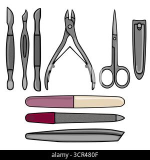 A clean vector illustration showcasing a collection of essential manicure and pedicure tools, including cuticle pushers, clippers, scissors, nail file Stock Vector