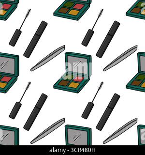 Seamless vector pattern featuring a playful arrangement of makeup essentials including eyeshadow palettes, mascara wands, and tweezers, rendered in a Stock Vector