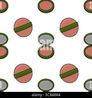Seamless vector pattern of cute cartoon makeup compacts with pink powder and green band, isolated on white background. Stock Vector