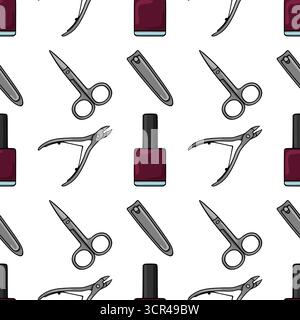Seamless repeating vector pattern of manicure tools and nail polish bottles, featuring a simple, clean illustration style with a white background. Stock Vector