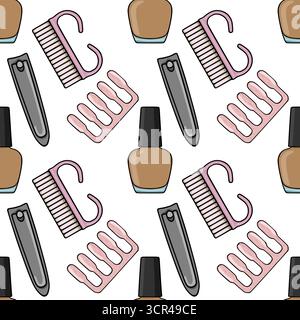 Seamless vector pattern featuring manicure tools and nail polish bottles in a playful, clean aesthetic. Stock Vector