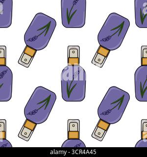 Seamless vector pattern of purple spray bottles with lavender sprigs, featuring a clean, modern illustration style. Stock Vector