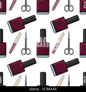 Seamless vector pattern featuring nail polish bottles, nail files, and manicure scissors in a playful arrangement. Stock Vector
