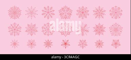 Set of pink girly snow flake icons. Filigree whimsical hand drawn vector illustration in coquette style. Big collection of different cute victorian la Stock Vector