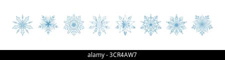 Set of blue hand drawn whimsical snow flakes icons on white background. Vector illustration. Ice crystal design element. Festive holiday pattern. Froz Stock Vector