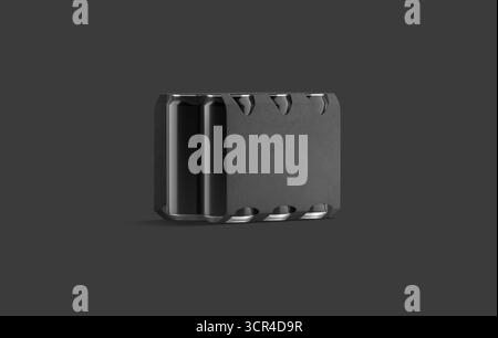Blank black six can cardboard pack mockup, half-turned view, 3d rendering. Empty carton disposable case with aluminum beer jar mock up, dark backgroun Stock Photo