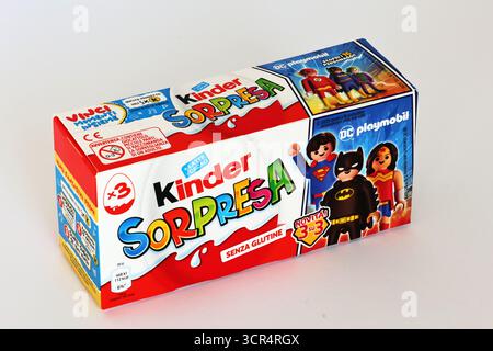Kinder Surprise eggs by Ferrero, 2025 edition featuring DC Playmobil Superhero characters Stock Photo