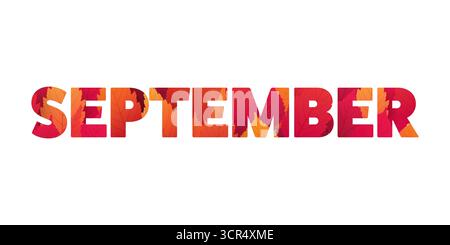 Bold Isolated Retro Style September Typography or Banner Design with Month Name in Fallen Leaves Patterned Capital Letters. Colors: Red, Orange, Brown Stock Vector