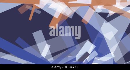 Abstract geometric background with transparent overlapping rectangular shapes in brown, blue, orange and white. Modern digital art with a dynamic and Stock Vector