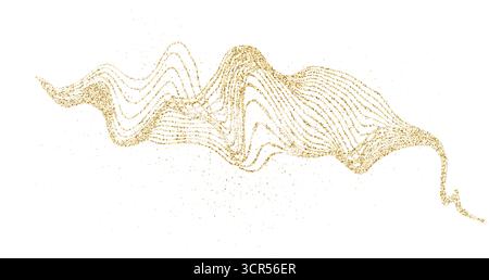Abstract stipple flow. Dynamic golden waves with small particles. Golden curved dashed gradient net. Shine undulate pattern. Vector holiday dotted fly Stock Vector