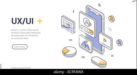 UX UI design mobile phone user interface development isometric web banner template line vector illustration. Smartphone programming technology softwar Stock Vector