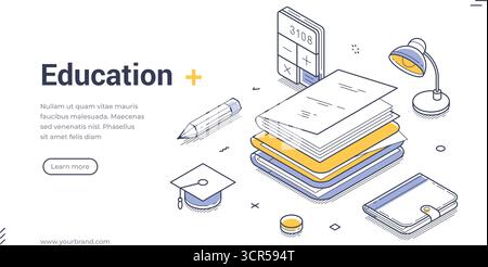 Education back to school learning graduation isometric web banner design template line vector illustration. Studying literature knowledge wisdom colle Stock Vector