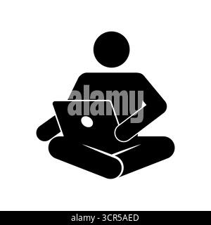Black and white stick figure vector illustration of a person sitting cross-legged with a laptop. Concept of remote work, studying, freelance and onlin Stock Vector