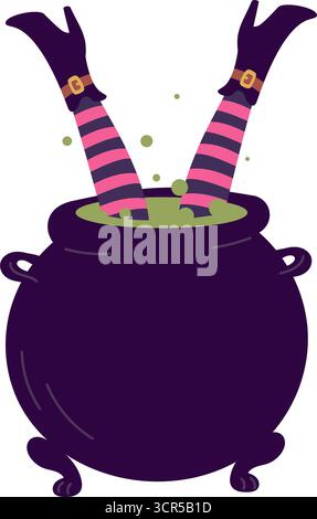 Witchs legs sticking out of cauldron of green magic potion. Decor for Halloween card or poster. Fantasy essence substance brew. Warlock feet. Fairytal Stock Vector