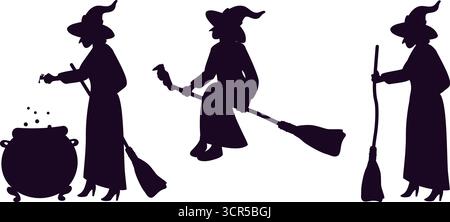 Witch preparing magic potion and flying on broom. Halloween female character. Magical elixir brewing in cauldron. Sorceress flight on broomstick. Vect Stock Vector