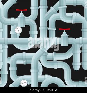 Water metal pipes with valves, taps, and pressure gauges. Pipeline seamless pattern. Curved tube constructions. Repeated print. Sewerage repair. Inter Stock Vector