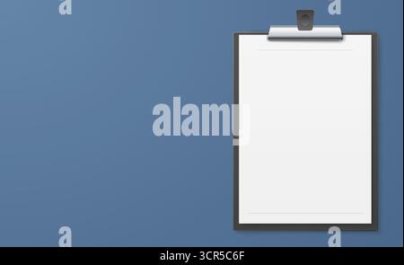 Realistic clipboard with white blank sheet of paper. Business tablet layout. Empty background. Office stationery front view. Page board binder. File f Stock Vector