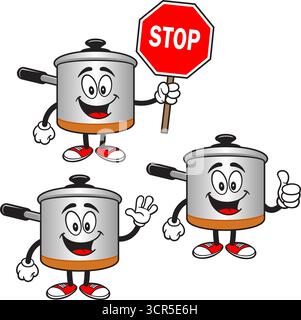 Cooking Pot Mascot Set 06, Hand Drawn illustrations of Cooking Pot  Mascots in various poses. Stock Vector