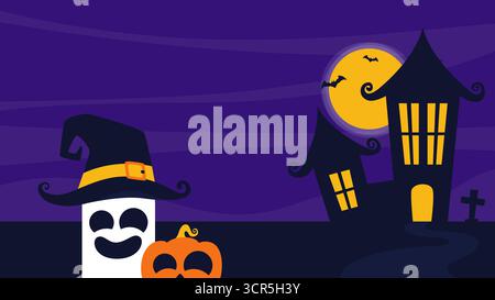 Midnight silhouette landscape with haunted house and full moon. Halloween ghost and pumpkin on silhouette with purple night sky. Stock Vector