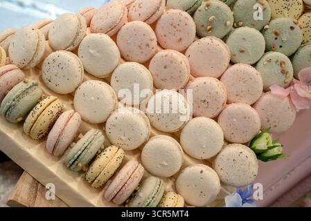 Display of Macarons or French Macaron in French Patisserie France Stock Photo